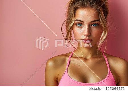 Woman with a pink tank top and blonde hair 125064371