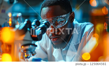 Man wearing a lab coat and goggles is looking through a microscope 125064381