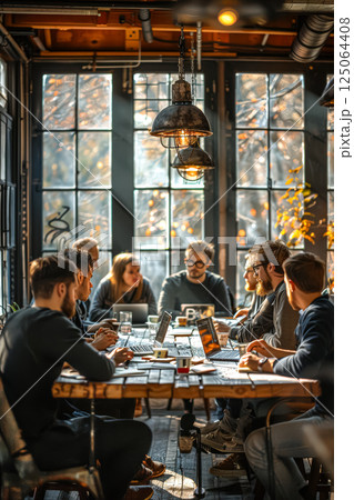 Group of people are sitting around a table in a room with a large window 125064408