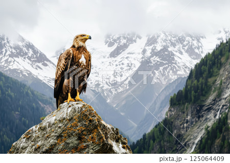 Large eagle is perched on a rock in front of a snowy mountain 125064409