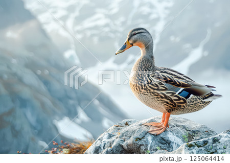 Duck is standing on a rock in the snow 125064414