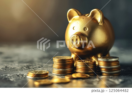 Gold piggy bank sits on a wooden table with a...のイラスト素材 [125064482] - PIXTA