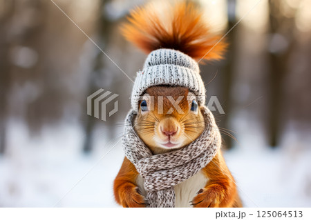 Squirrel wearing a hat and scarf is standing in the snow 125064513