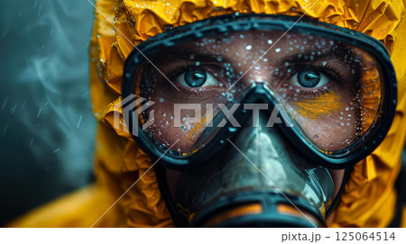 Woman in a yellow suit with a mask on her face 125064514