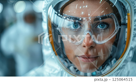 Woman wearing a white suit and goggles with blue eyes 125064515