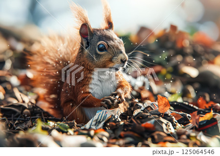 Squirrel is sitting on the ground, looking up at the camera 125064546