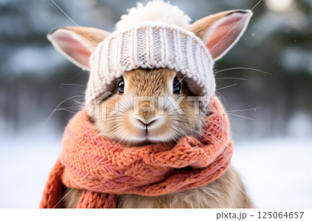 Rabbit wearing a white hat and orange scarf 125064657