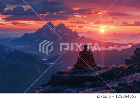 Man sits on a mountain top, looking out at the sunset 125064658