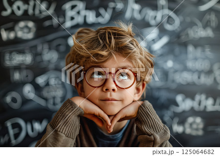 Young boy with glasses is looking up at a chalkboard with various words on it 125064682