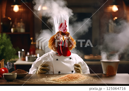 Chicken chef is cooking in a kitchen with steam coming out of the oven 125064716