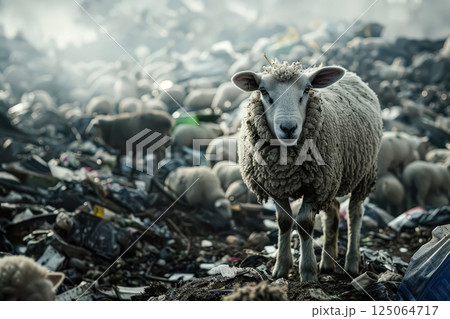 Sheep is standing in a pile of trash 125064717