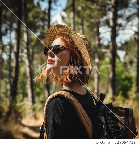 Woman wearing a straw hat and sunglasses is walking through a forest 125064718