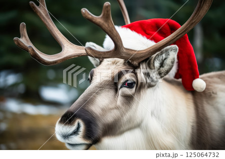 Reindeer with a red hat on its head 125064732