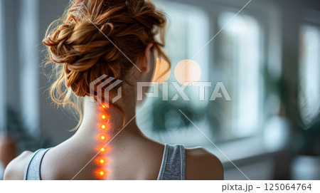 Woman with a red head and neck is wearing a grey tank top 125064764