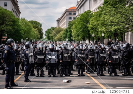 Group of police officers stand on a street corner 125064781