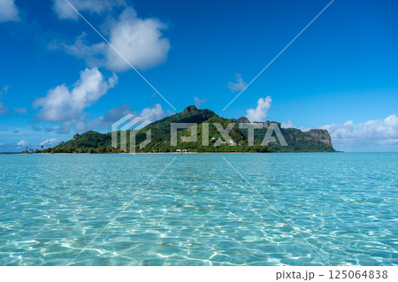 View of Maupiti Island from a white sand beach, French Polynesia 125064838