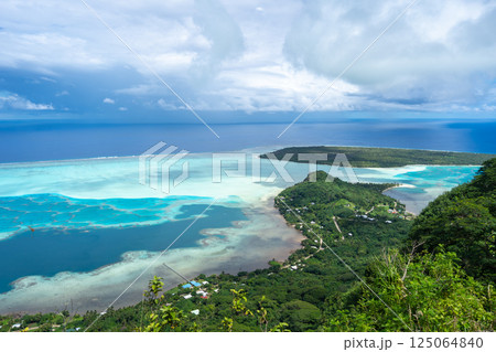 Panoramic view of Maupiti island and lagoon from Mount Teurafaatiu, French Polynesia 125064840