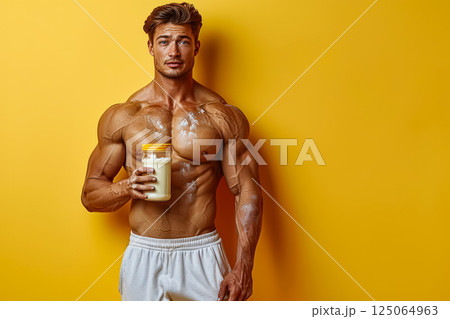 Man with a muscular body is holding a container of milk 125064963