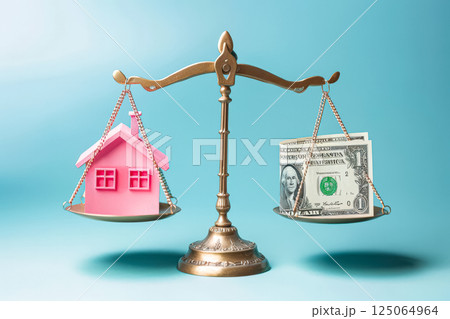 Scale with a house on one side and a stack of one dollar bills on the other Scale with a house on one side and a stack of one dollar bills on the other 125064964