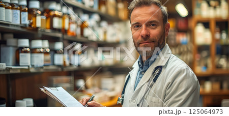 Man in a white lab coat is standing in a pharmacy with a clipboard in his hand 125064973