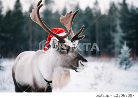 Reindeer with a Santa hat on its head Reindeer with a Santa hat on its head 125065087
