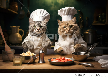 Two cats dressed in chef hats are standing in front of a kitchen counter 125065109