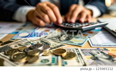 Person is counting money on a table. 125065112