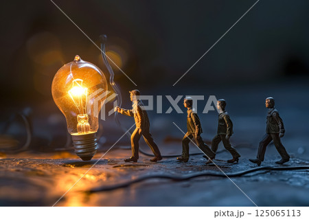 Group of people are walking past a light bulb that is lit up 125065113