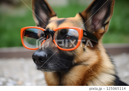 Dog wearing glasses with the word "G" on the side 125065114