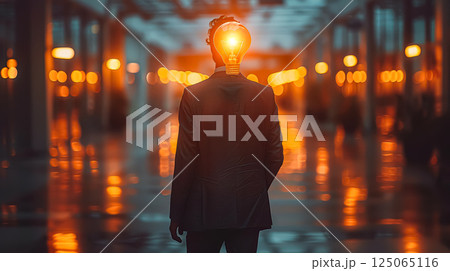 Man is walking down a street with a light bulb on his head 125065116