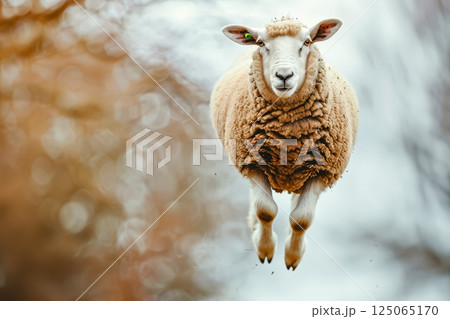 Sheep is flying through the air with its head up 125065170