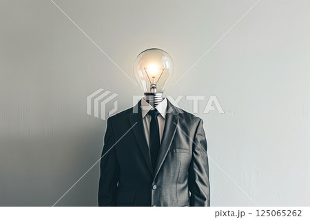 Man wearing a suit and tie with a light bulb on his head. 125065262