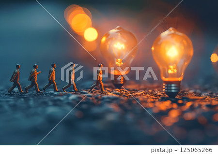 Group of people are walking down a street with a light bulb in the middle 125065266