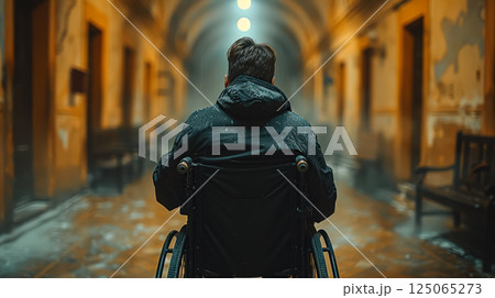 Man in a wheelchair is sitting in a hallway 125065273