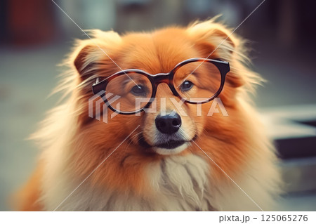 Dog with glasses is wearing them and looking at the camera 125065276