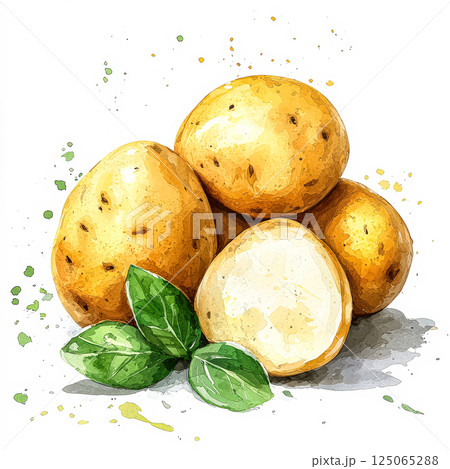Close up of a bunch of potatoes with a leaf on top 125065288