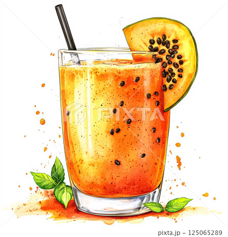 Glass of orange juice with a slice of cantaloupe on top 125065289