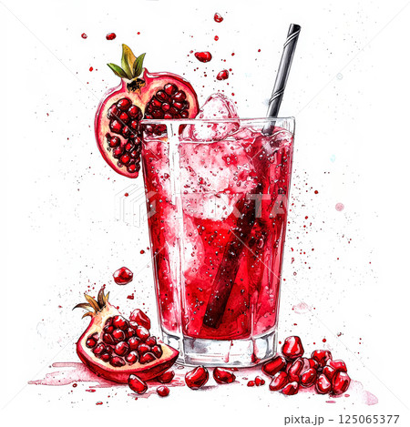 Glass of red drink with a straw and a piece of fruit in it 125065377