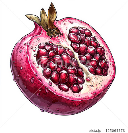 Close up of a red pomegranate with a stem 125065378