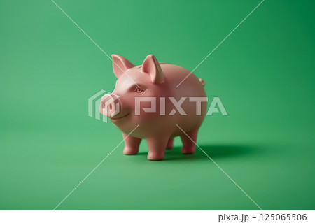 Small piggy bank is sitting on a green surface. 125065506