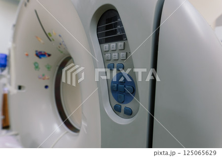 PET CT, magnetic resonance or tomography medical equipment cancer scanner at hospital or clinic 125065629