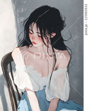 悲しげな表情の女性イラスト。ダークな雰囲気のアート作品 125065632