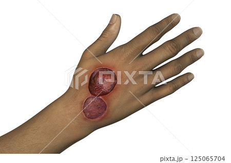 Buruli ulcer on an arm, 3D illustration. The disease caused by Mycobacterium ulcerans bacteria Buruli ulcer on an arm, 3D illustration. The disease caused by Mycobacterium ulcerans bacteria 125065704