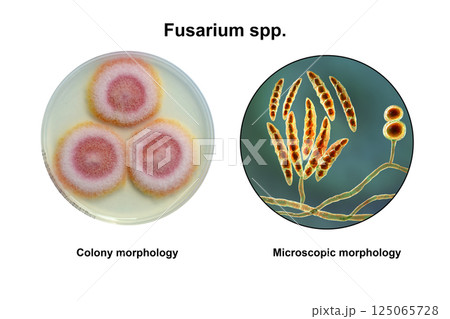 Fusarium fungi, 3D illustration and photograph Fusarium fungi, 3D illustration and photograph 125065728