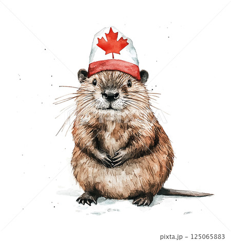 Canadian groundhog wearing a hat with a maple leaf symbolizing national pride and winter festivities 125065883