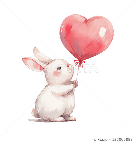 Cute rabbit holding a heart-shaped balloon in a cheerful illustration full of warmth and affection 125065888