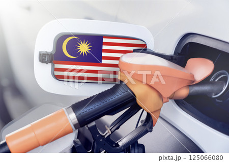 Malaysia flag on the lid of the gas tank of a car at a gas station in close-up. High or low prices for gasoline and diesel fuel at Malaysian gas stations. shortage of fuel for cars in Malaysia. Malaysia flag on the lid of the gas tank of a car at a gas station in close-up. High or low prices for gasoline and diesel fuel at Malaysian gas stations. shortage of fuel for cars in Malaysia. 125066080
