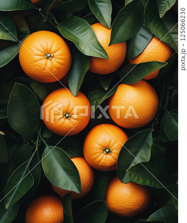 Fresh Oranges Pile with Vibrant Colors Surrounded by Greenery 125066230