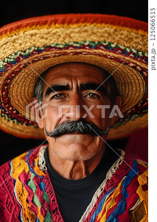 Mexican man wearing traditional sombrero hat, professional photography, close-up 125066515