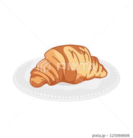 Fresh baked croissant on a cute vintage plate. Vector Illustration isolated on white background. Croissant for menu, cafe, bakery, logo 125066606